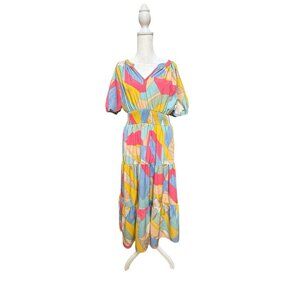 Entro Multicolor Abstract Geo Smocked Waist Puff Sleeve Tiered Maxi Dress L